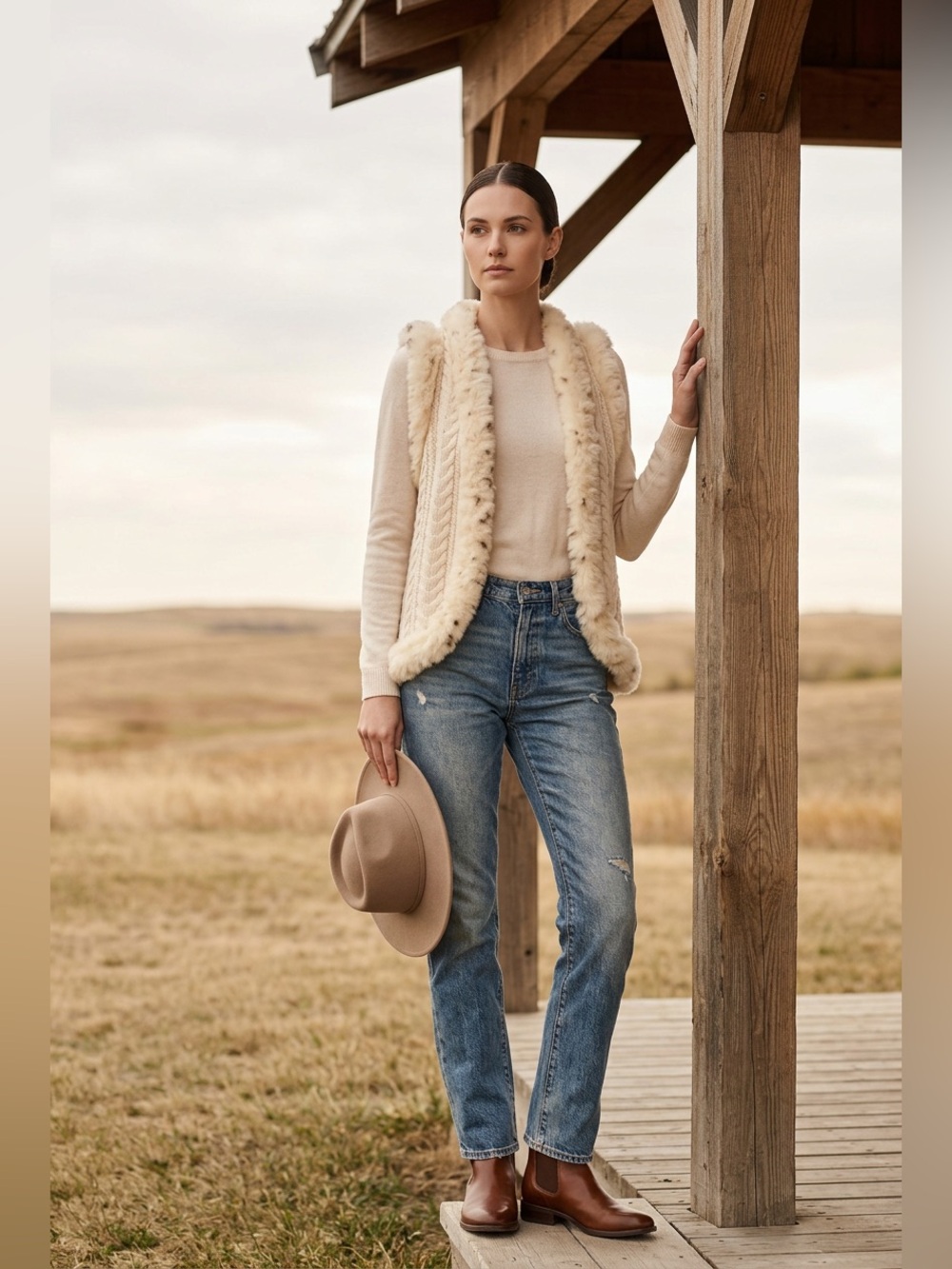 Shyanne Cream Cable Knit Faux Fur Trim Vest M